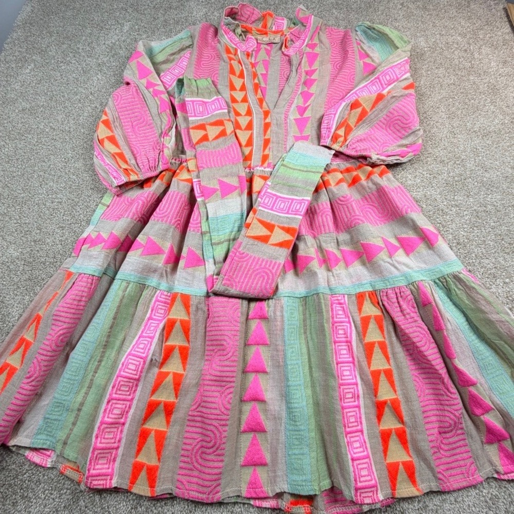 Sofia Italy Neon Geometric Embroidered Cotton Tiered Tunic Mini Dress with Sash